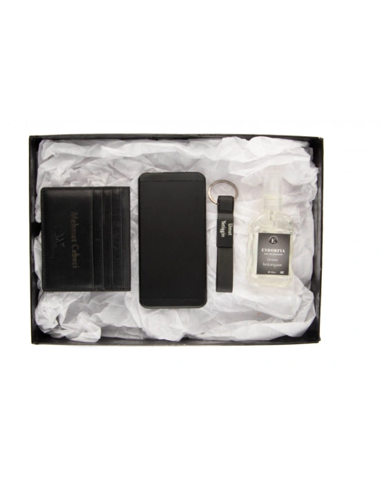 Kişiye Özel Hakiki Deri Cüzdan Siyah –Powerbank 5000 mAh-Usb Bellek Siyah-Sprey Kolonya -805