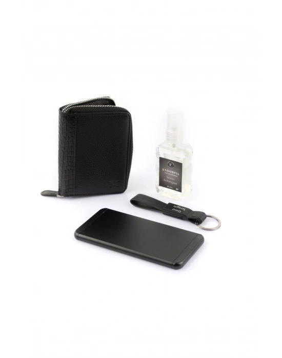 Kişiye Özel Hakiki Deri Cüzdan Siyah- Powerbank 5000 mAh- Usb Bellek Siyah Sprey Kolonya 810