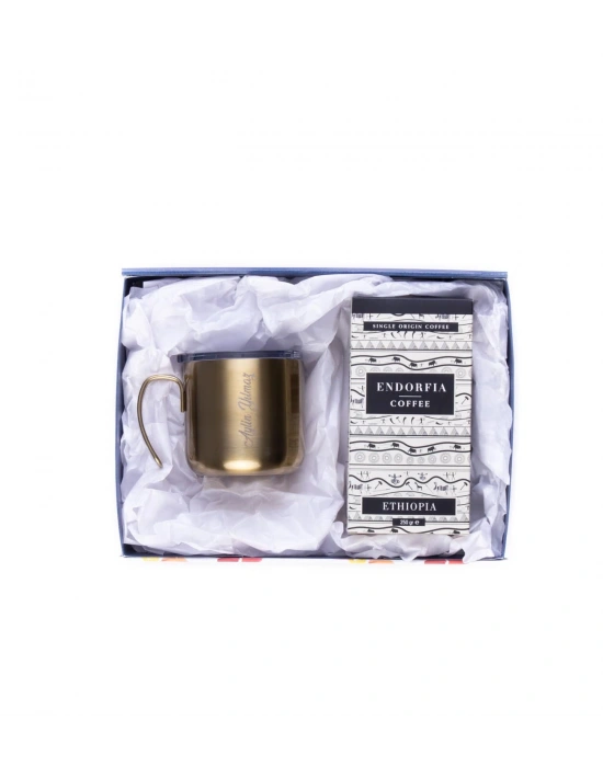 Kişiye Özel Hediyelik Çelik Kupa Bardak Gold & Etiyopya Sidamo Gr.4 Kahve Seti