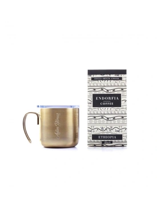 Kişiye Özel Hediyelik Çelik Kupa Bardak Gold & Etiyopya Sidamo Gr.4 Kahve Seti