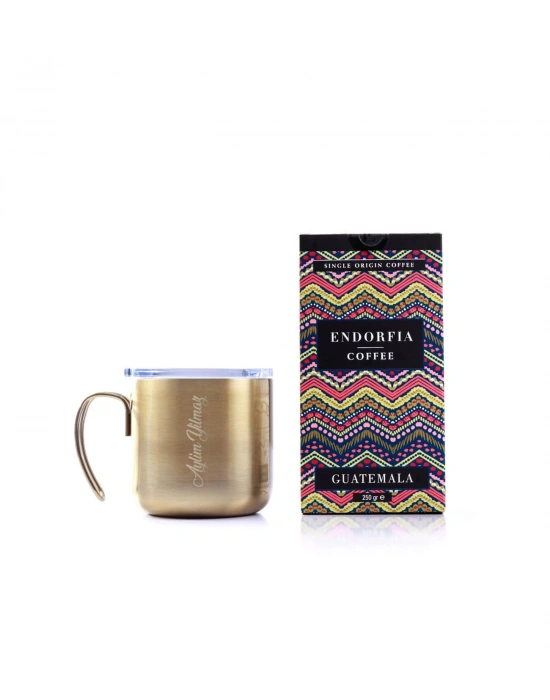 Kişiye Özel Hediyelik Çelik Kupa Bardak Gold & Guatemala Kahve Seti