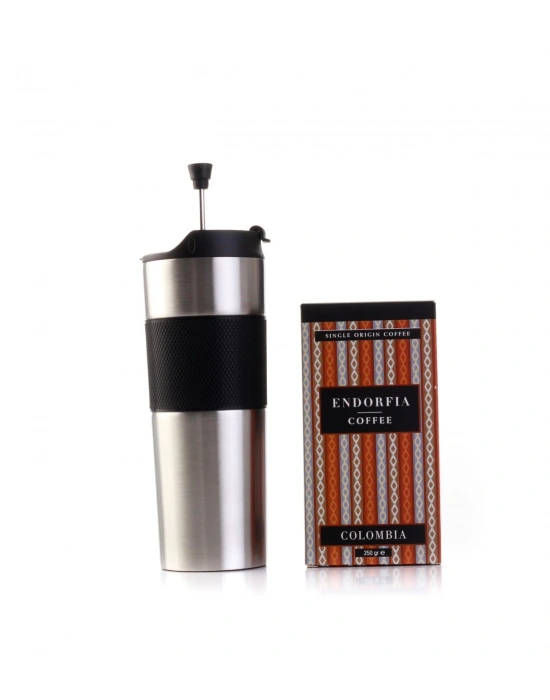 Kişiye Özel Hediyelik French Press Termos Gümüş & Colombia Supremo Medellin