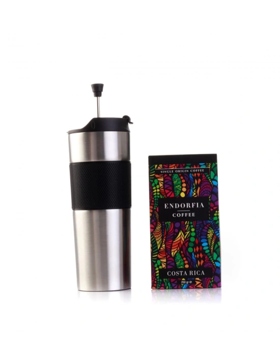 Kişiye Özel Hediyelik French Press Termos Gümüş & Costa Rica Tarrazu Kahve Seti