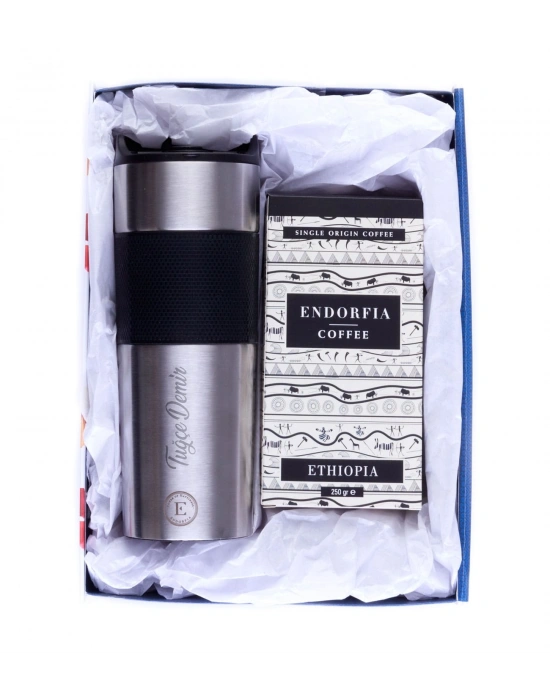 Kişiye Özel Hediyelik French Press Termos Gümüş & Etiyopya Sidamo Gr.4 Kahve Seti