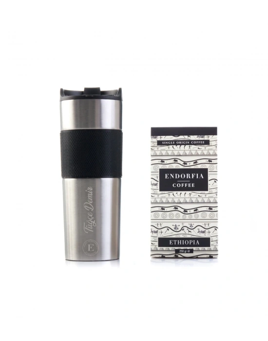 Kişiye Özel Hediyelik French Press Termos Gümüş & Etiyopya Sidamo Gr.4 Kahve Seti