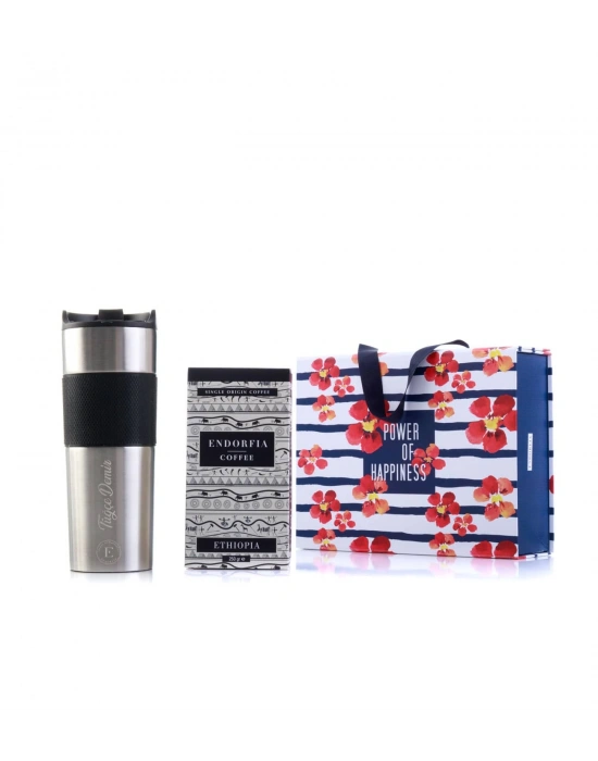 Kişiye Özel Hediyelik French Press Termos Gümüş & Etiyopya Sidamo Gr.4 Kahve Seti