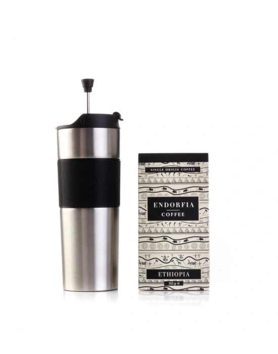 Kişiye Özel Hediyelik French Press Termos Gümüş & Etiyopya Sidamo Gr.4 Kahve Seti