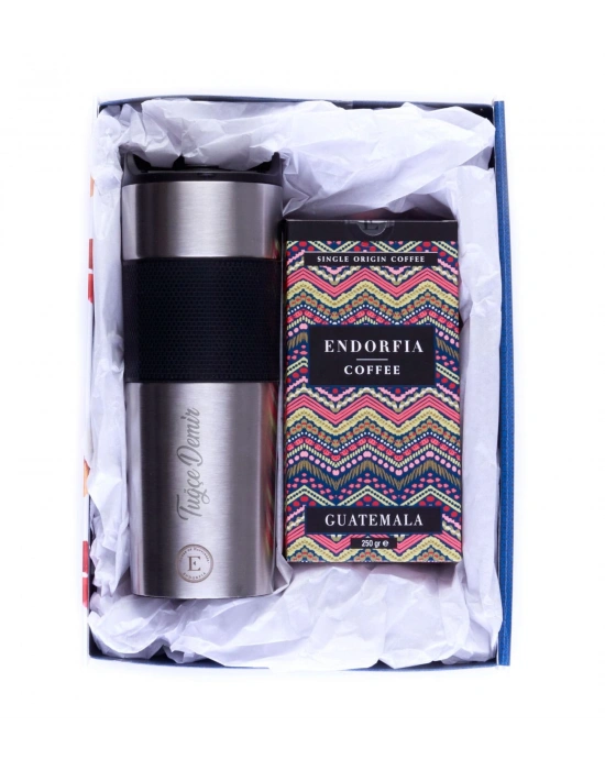 Kişiye Özel Hediyelik French Press Termos Gümüş & Guatemala Kahve Seti