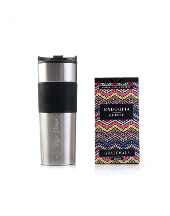 Kişiye Özel Hediyelik French Press Termos Gümüş & Guatemala Kahve Seti