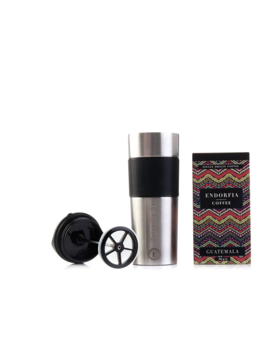 Kişiye Özel Hediyelik French Press Termos Gümüş & Guatemala Kahve Seti