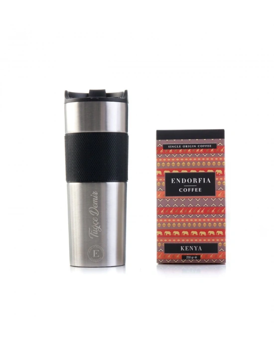 Kişiye Özel Hediyelik French Press Termos Gümüş & Kenya AA Plus Kahve Seti
