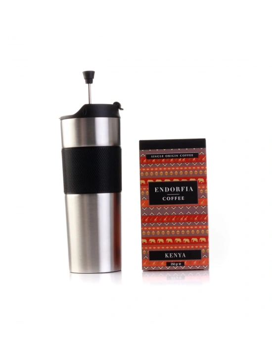 Kişiye Özel Hediyelik French Press Termos Gümüş & Kenya AA Plus Kahve Seti