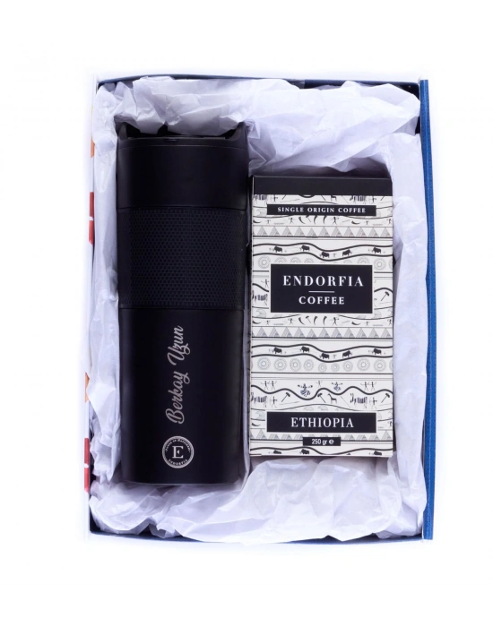 Kişiye Özel Hediyelik French Press Termos Siyah & Etiyopya Sidamo Gr.4 Kahve Seti