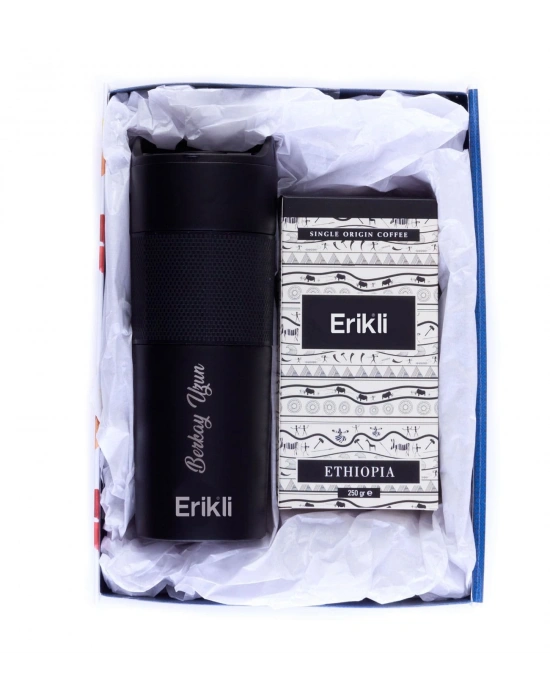 Kişiye Özel Hediyelik French Press Termos Siyah & Etiyopya Sidamo Gr.4 Kahve Seti - Kıdem Hediyeleri