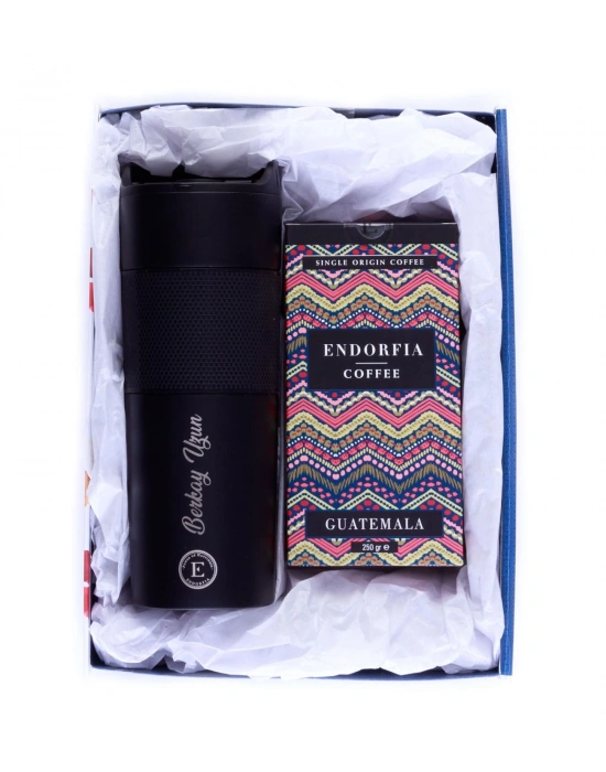 Kişiye Özel Hediyelik French Press Termos Siyah & Guatemala Kahve Seti