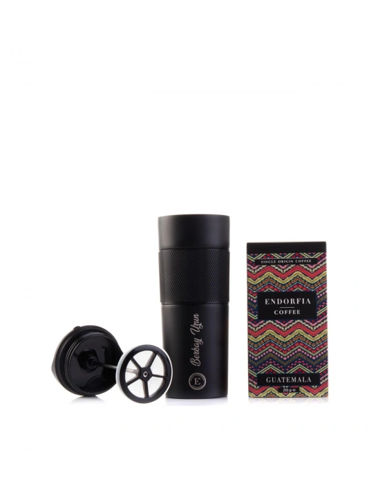 Kişiye Özel Hediyelik French Press Termos Siyah & Guatemala Kahve Seti