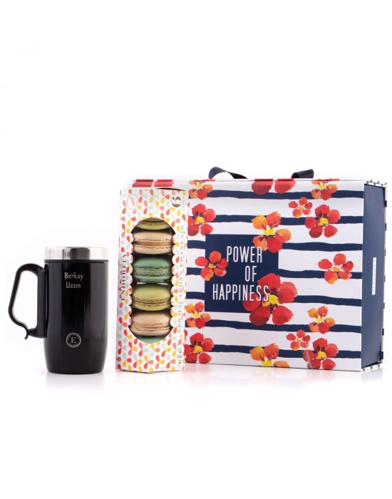 Kişiye Özel İsimli Termos Bardak Siyah No.80 - B1 Makaron Hediye Kutusu