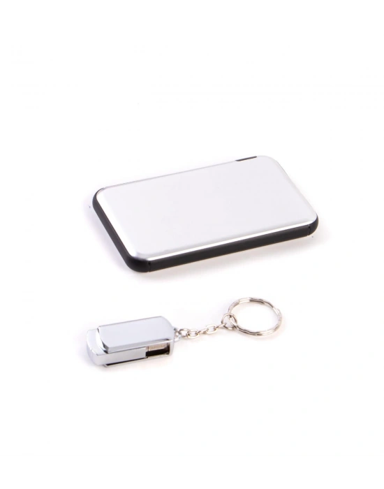 Kişiye Özel Powerbank - 4 GB Metal Anahtarlık USB Bellek Gümüş Renk - Dragee