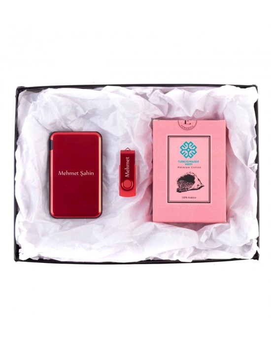 Kişiye Özel Powerbank Kırmızı 32 GB USB Bellek Kırmızı Premium Kahve - Yeni İş Hediyeleri