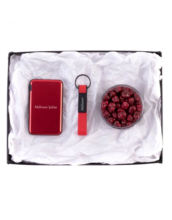 Kişiye Özel Powerbank - Metal Anahtarlık - Dragee - Kırmızı