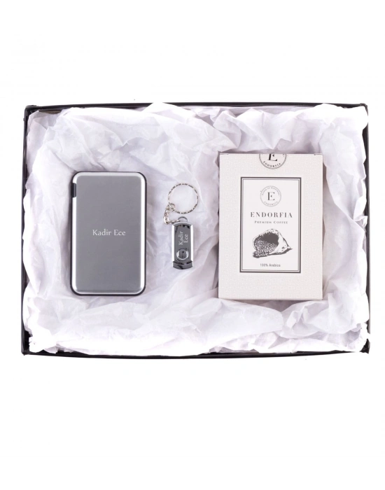 Kişiye Özel Powerbank - Metal Anahtarlıklı USB Gümüş - Premium Kahve