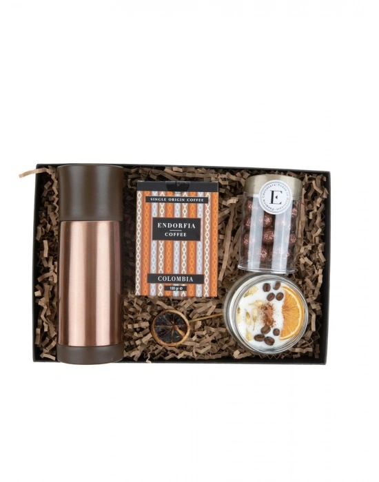Kişiye Özel Sızdırmaz Termos - Colombiya Yöresel Kahve 100 Gr - Kahve Draje 100 Gr - Aromaterapi Mumu