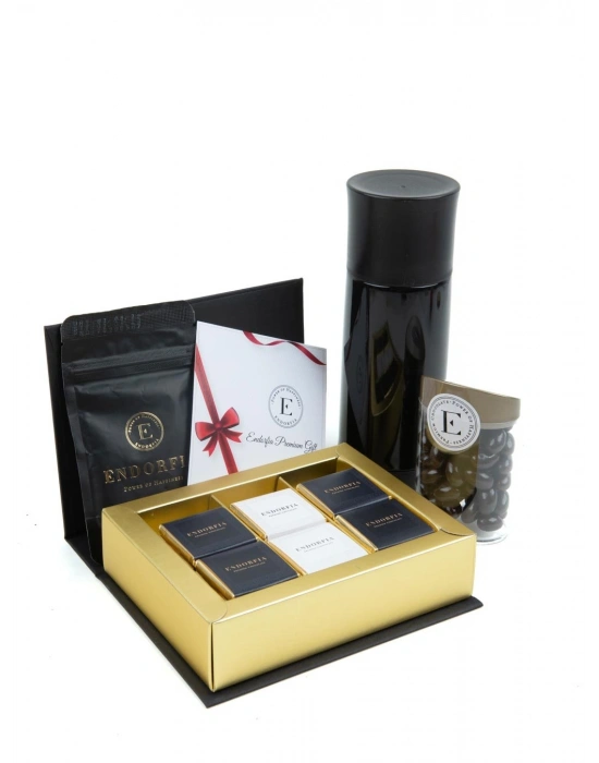 Kişiye Özel Sızdırmaz Termos Siyah - Brown Book Madlen Mix. Çikolata - Fıstık Bitter Draje 100 Gr - Endorfia Premium 40 Gr Filtre Kahve