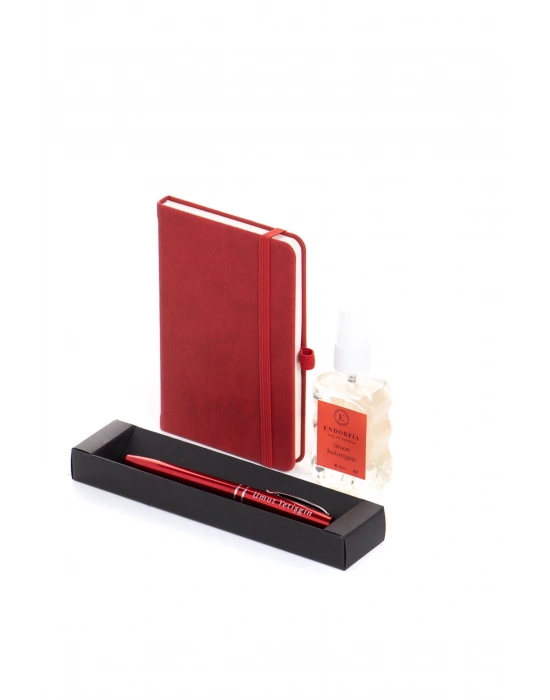 Kişiye Özel Termoderi  Defter Metal Roller Kalem-Sprey Kolonya Kırmızı