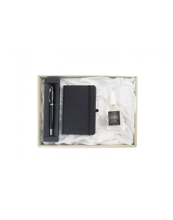 Kişiye Özel Termoderi Defter Metal Roller Kalem-Sprey Kolonya Siyah