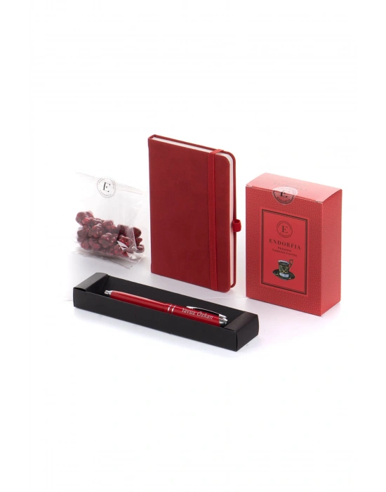 Kişiye Özel Termoderi  Defter Metal Roller Kalem-Türk kahvesi Kırmızı-Böğürtlen Draje