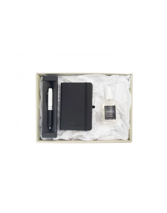 Kişiye Özel Termoderi  Defter Siyah&Beyaz Işıklı Doktor Kalemi&Sprey Kolonya Siyah  50 Ml