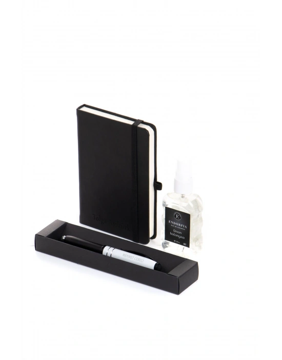 Kişiye Özel Termoderi  Defter Siyah&Beyaz Işıklı Doktor Kalemi&Sprey Kolonya Siyah  50 Ml