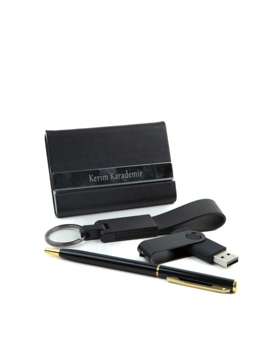 Kişiye Özel Tükenmez Kalem - Kartvizitlik Siyah - Deri Anahtarlık - USB Bellek 16 GB