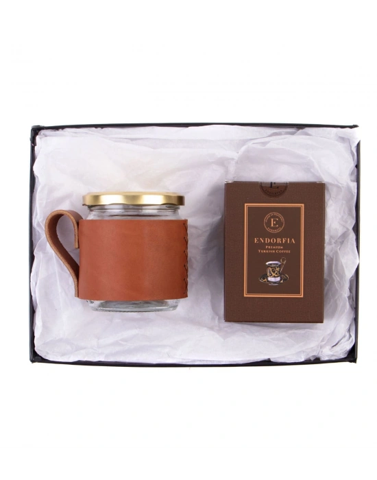 Premium Kahve - Gerçek Deri Kılıflı Kavanoz Kupa Kahverengi
