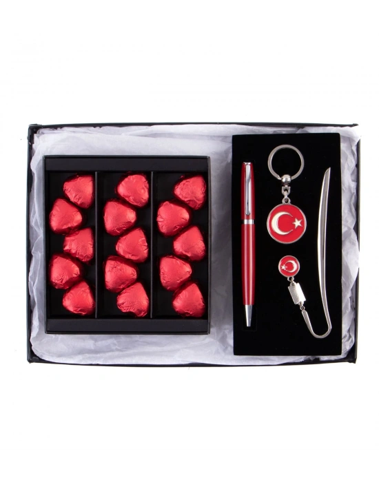 Single Modern Fıstıklı Kalp Çikolata Kırmızı- Pembe - Ayyıldız Kalem Seti Masaüstü Hediyesi