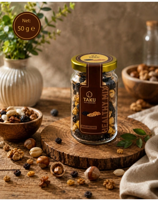 TAKU Fit Karışım  Leblebi / Ceviz içi / Çekirdeksiz Üzüm– 50 gr Cam Kavanoz
