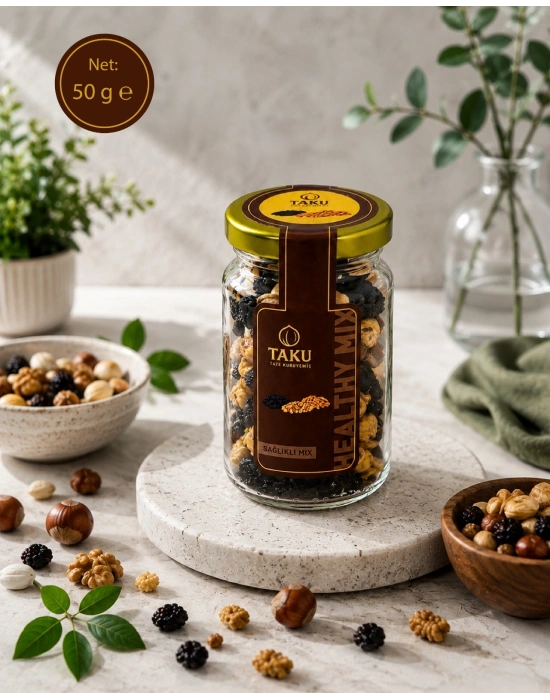 TAKU Fit Karışım  Leblebi / Ceviz içi / Çekirdeksiz Üzüm– 50 gr Cam Kavanoz