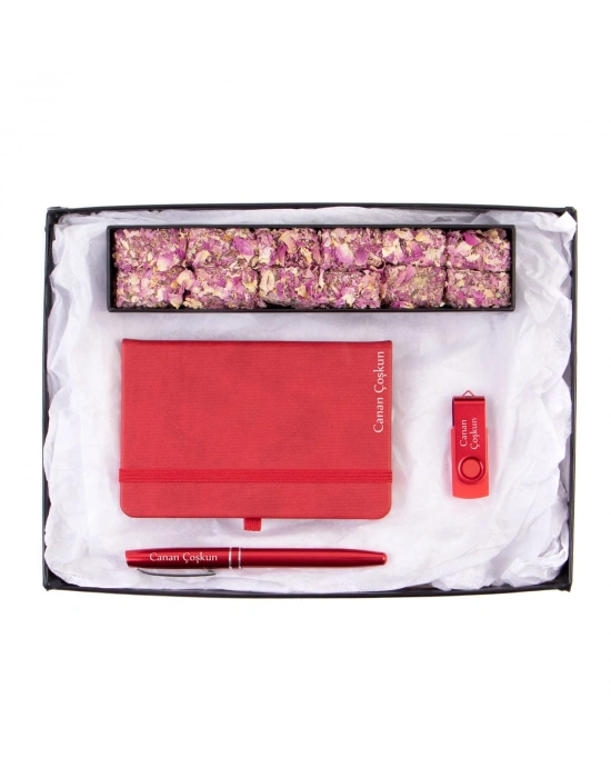Termoderi Defter- Metal Roller Kalem - 32 Gb Metal Renkli Usb Bellek - Single Slim Gül Yapraklı Güllü Lokum  - Yeni İş Hediyeleri