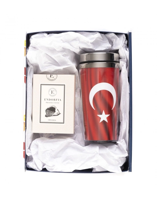 Türk Bayrağı Tasarımlı Termos Endorfia Kahveli Hediye Kutusu