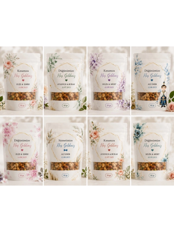 50 Gr Özel Baskılı Doypack Kuruyemiş Paketi | Düğün, Kına, Sünnet, Nişan ve Organizasyon Hediyeliği