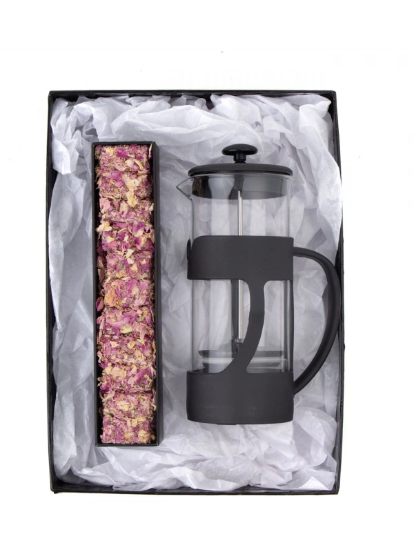 500 Ml French Press ve Single slim Gül Yapraklı Lokum Siyah