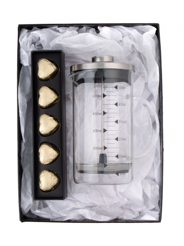 Borosilikat 600 Ml French Press ve  Single Slim Fıstıklı Kalp Çikolata Gold