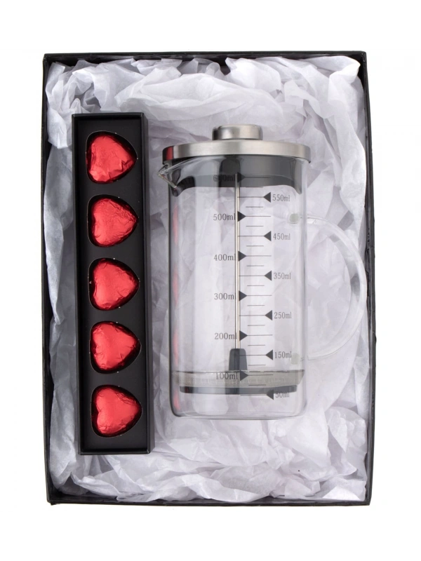 Borosilikat 600 Ml French Press ve  Single Slim Fıstıklı Kalp Çikolata Kırmızı
