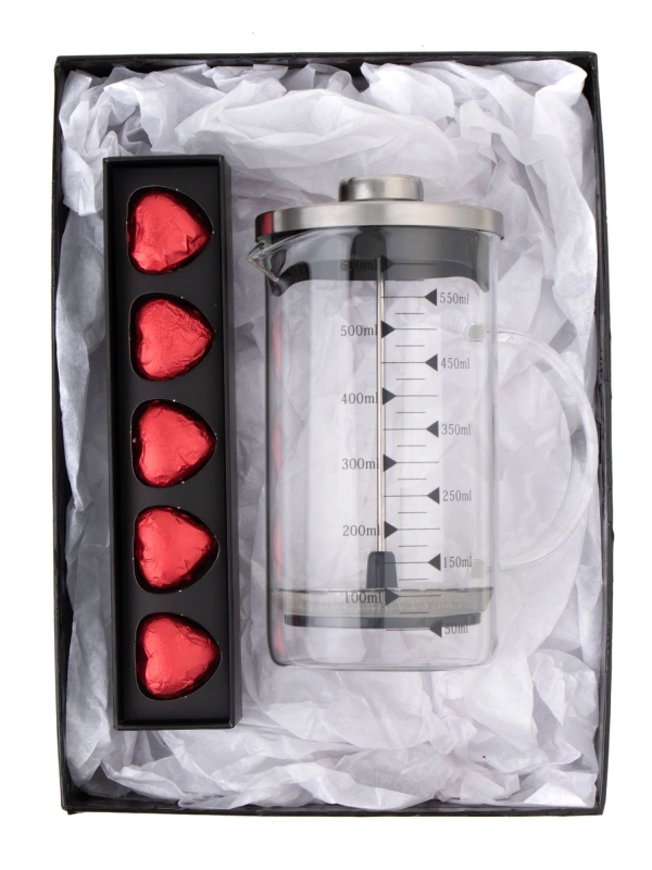 Borosilikat 600 Ml French Press ve  Single Slim Fıstıklı Kalp Çikolata Siyah