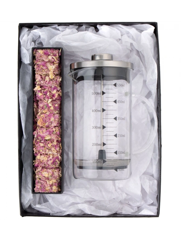 Borosilikat 600 Ml French press ve Single Slim Gül Yapraklı Lokum Gold