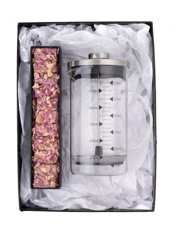 Borosilikat 600 Ml French Press ve Single slim Gül Yapraklı Lokum Kırmızı