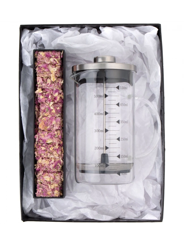 Borosilikat 600 Ml French press ve Single Slim Gül Yapraklı Lokum Siyah