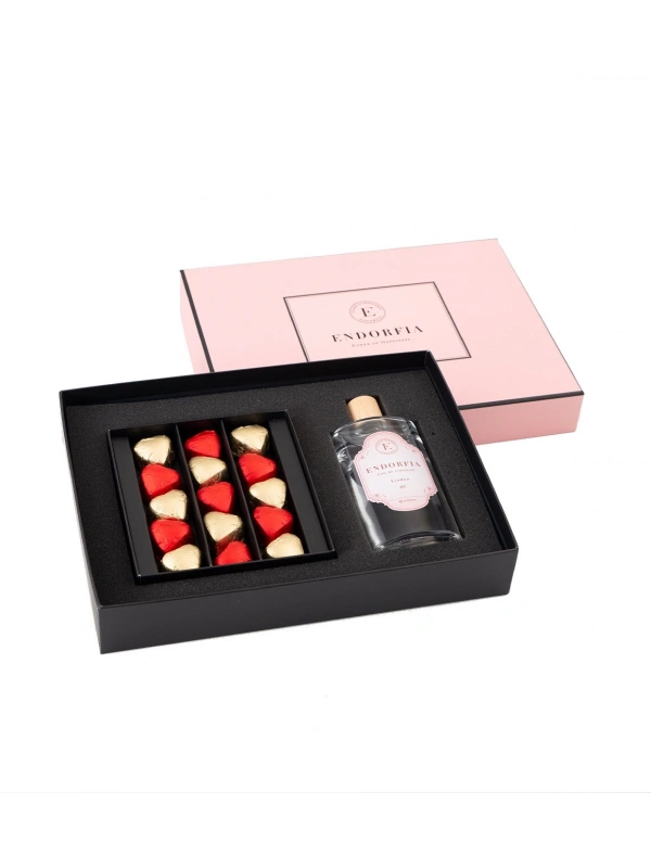 Double Premium Fıstıklı Kalp Çikolata & Kolonya Kırmızı-Gold-Pembe