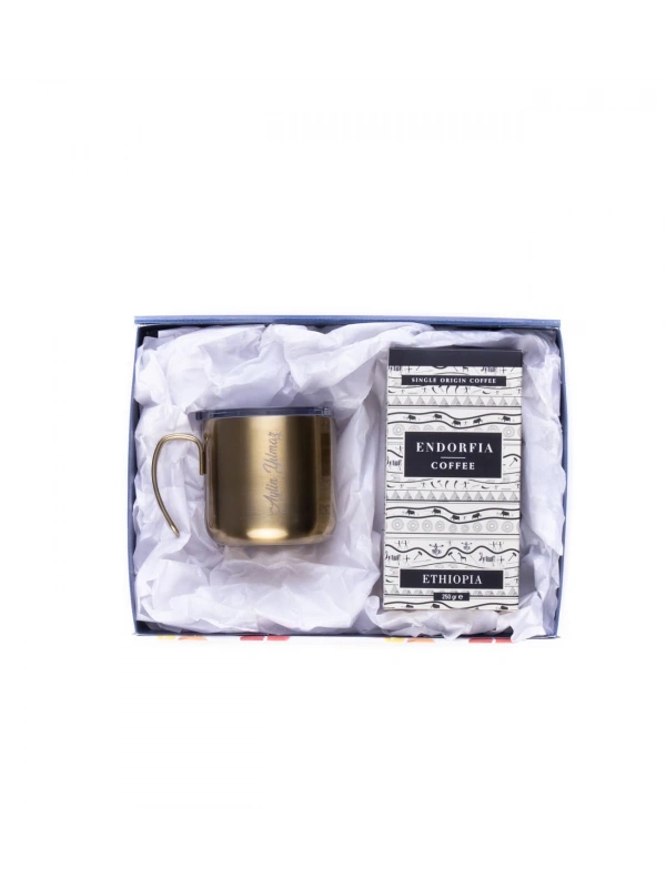 Kişiye Özel Hediyelik Çelik Kupa Bardak Gold & Etiyopya Sidamo Gr.4 Kahve Seti
