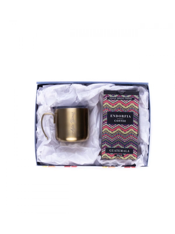 Kişiye Özel Hediyelik Çelik Kupa Bardak Gold & Guatemala Kahve Seti